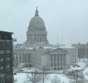 Snowy capital building in Madison