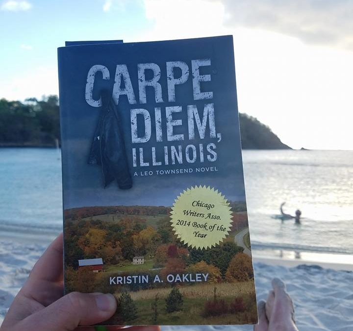 Hand holding Carpe Diem, Illinois with beach in the background