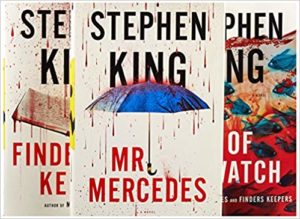 Covers of Stephen King's Mr. Mercedes, Finders Keepers, and End of Watch