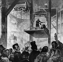 Elisha Otis standing on his elevator at the 1853 New York City World's Fair