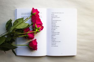 Red roses on an open book of poetry