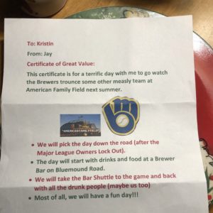 Coupon from Kristin's brother-in-law