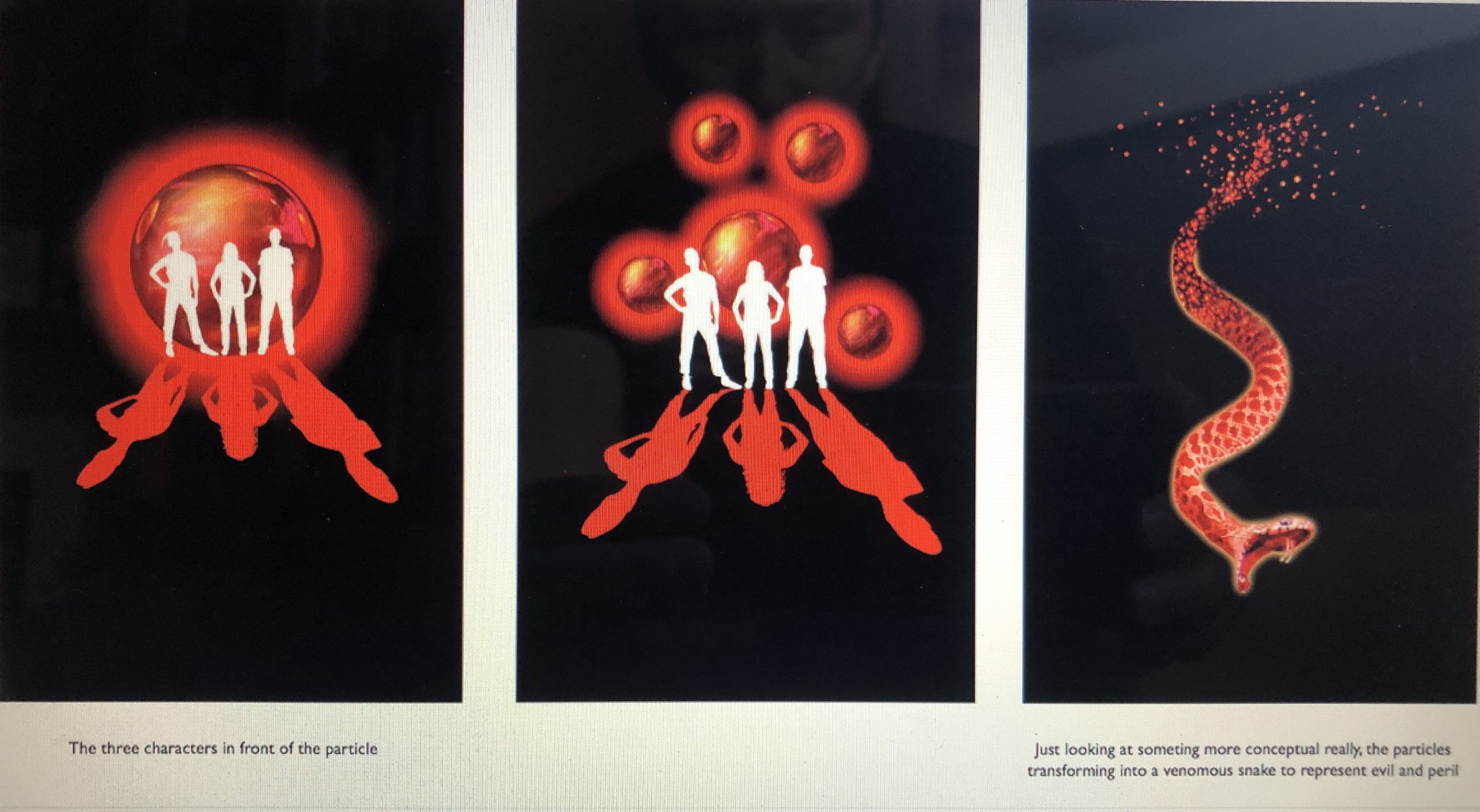 Three images with three figures, atoms, and a snake