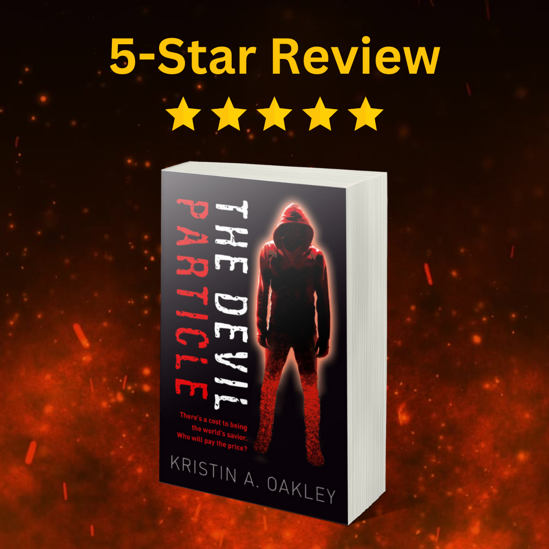 The Devil Particle book with the words "5-Star Review" and stars