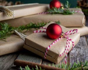 brown paper packages with red ornaments