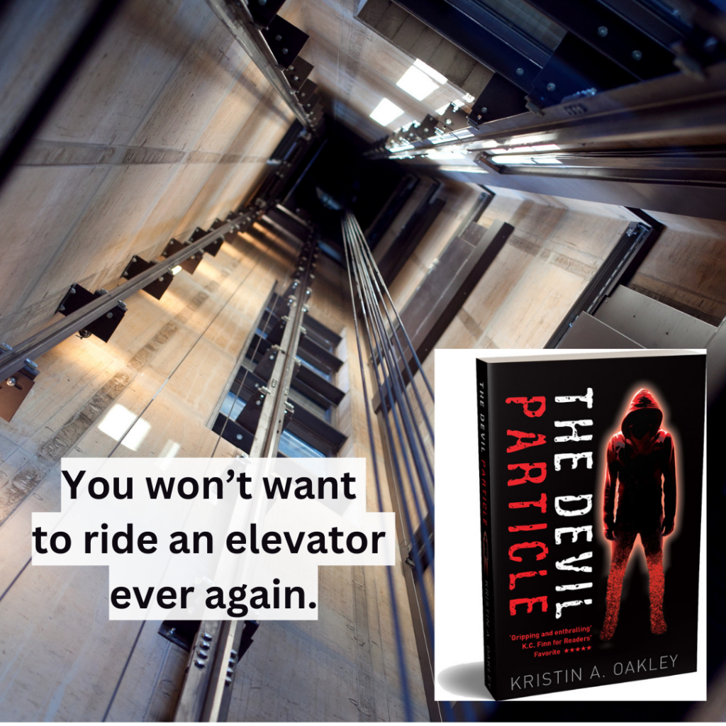 The cover of The Devil Particle in an elevator shaft.